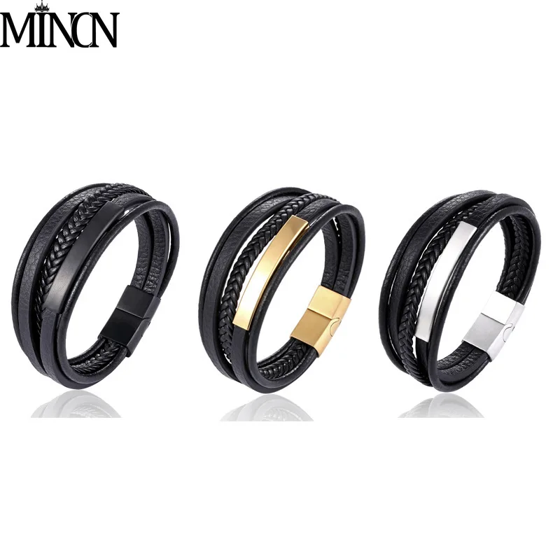 

MIMCN braclets men Genuine Leather Bracelet For Men Multilayer Magnet Handmade Gift For Cool Boys jewelry