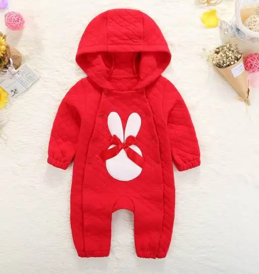 Одежда для новорожденных девочек, хлопковый Детский комбинезон принцессы на осень-зиму, плотный комбинезон с кружевными цветами для малышей 0-3-6-9 месяцев - Цвет: red rabbit romper