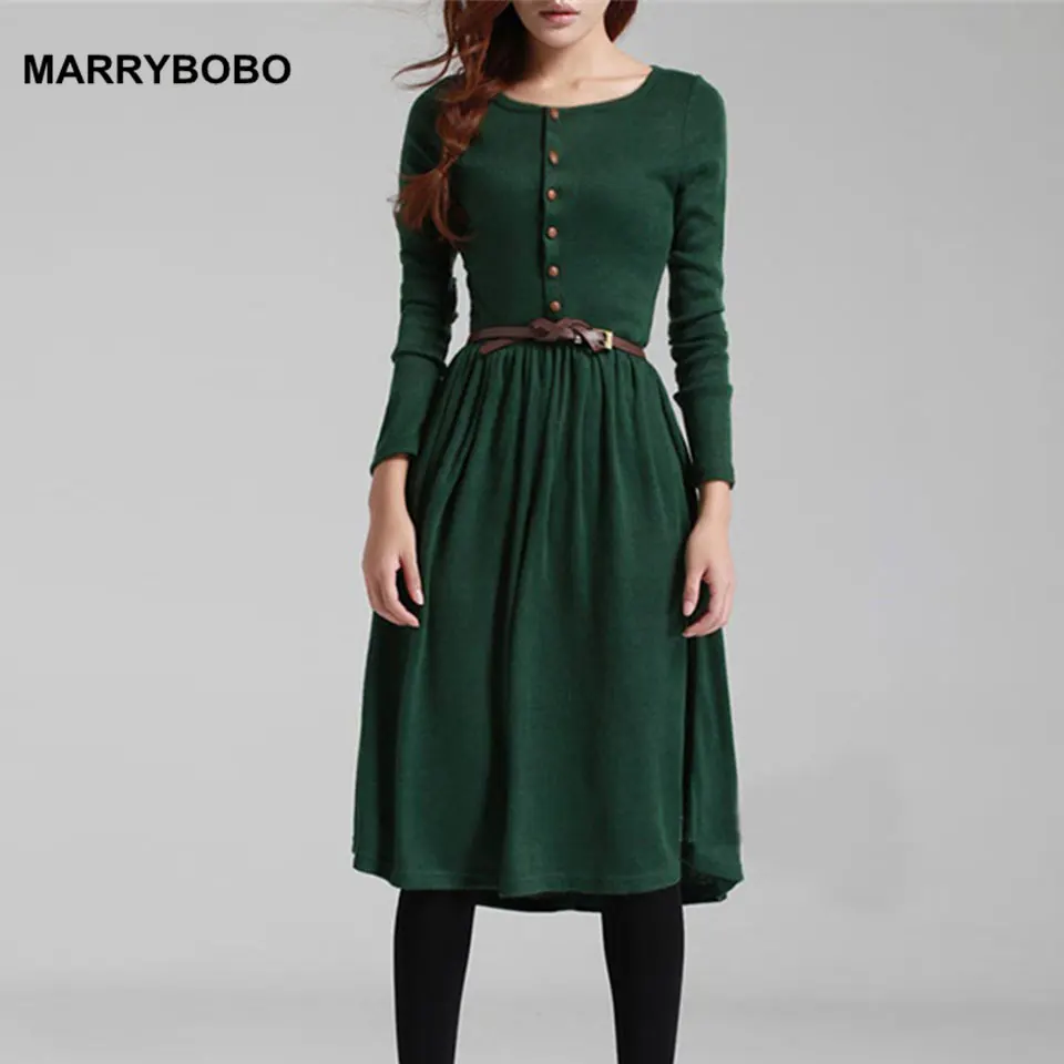

2018 Korean Women Winter Dress Long Sleeve Knitted Button Vintage Dress Sexy O-Neck Party Dress With Belt Lady Slim Boho Dress