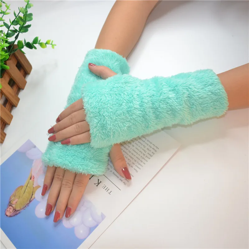 

Female Cute Candy Color Plush Fingerless Cycling Gloves Winter Warm Women Half Finger Thick Velvet Student Typing Gloves B81