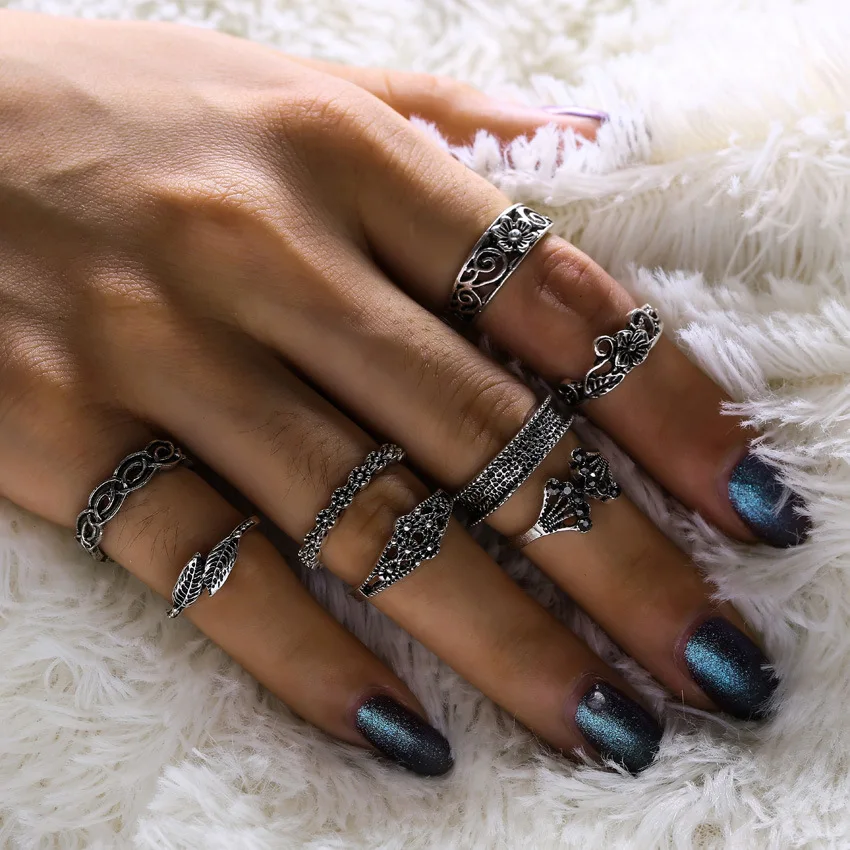 

8PCS/Set Bohemian Antique Silver&Gold Carved Flower Totems Geometry Lucky Leaves Knuckle Rings Set for Women Opal Boho Jewelry