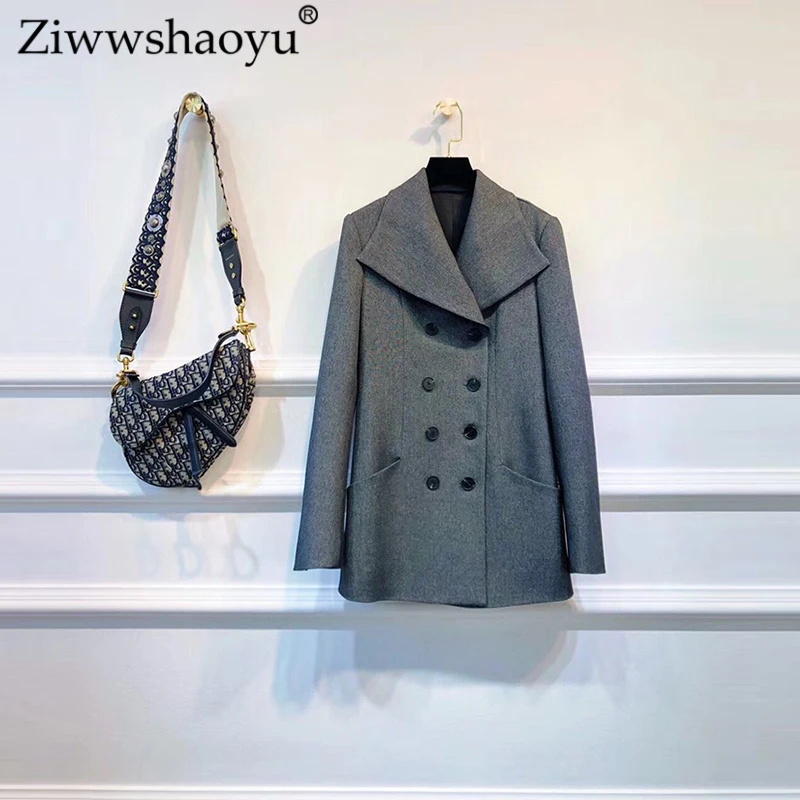

Ziwwshaoyu Autumn Solid jacket Turn-down Collar Double Breasted temperament Slim jacket New women's