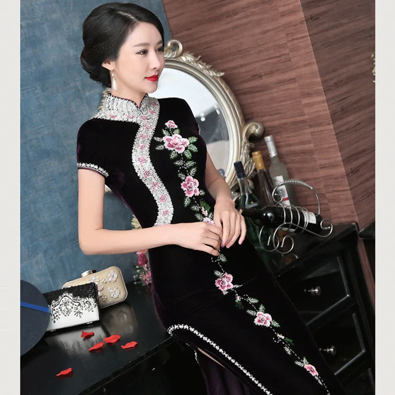 Высокое качество бархатное винтажное платье Ципао длинное Ципао с вышивкой для женщин традиционные китайские Вечерние платья Vestido Восточный