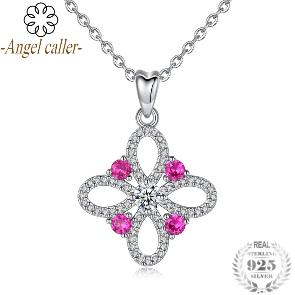 

Angel Caller Authentic 925 Sterling Silver Iris Flower Pendant Necklace Pink Zircon Fine Jewelry for Women Girls Gift CYD353