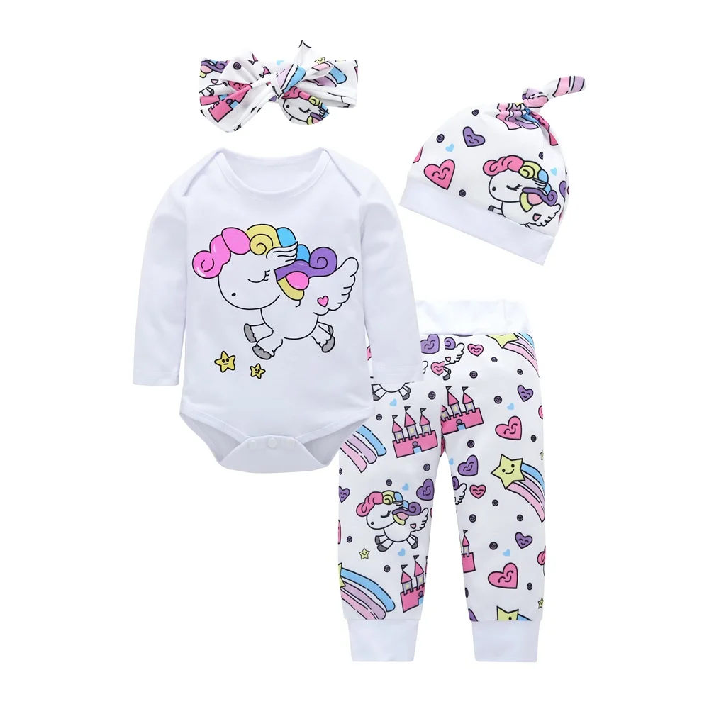 

Autumn Winter Children Clothes Set Newborn Baby Girl Boy Clothes Long Sleeve Striped Tops+Pants Hat Headband 4pcs Outfit Set
