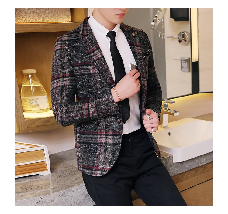 Модный мужской повседневный бутик шерстяной костюм/мужской деловой плед Тонкий Вечерние платья Блейзер, пиджак, пальто