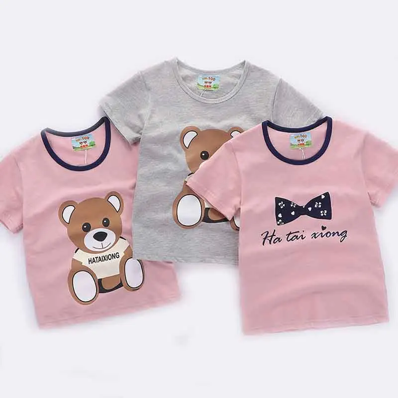 Футболки для маленьких мальчиков и девочек хлопок мультяшный плюшевый мишка детская футболка Топы костюм летняя повседневная детская одежда розовый