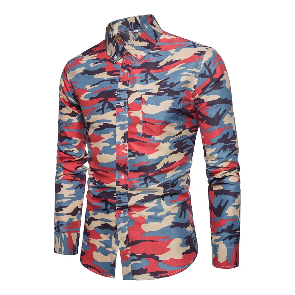 red camouflag Мужская рубашка с отворотом, с длинным рукавом, камуфляжная печать, Повседневная Передняя Кнопка для бизнеса, вечерние GDD99 - Цвет: red camouflag