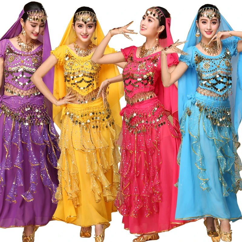 4pcs / set Traje de danza del vientre Disfraz de Bollywood Vestido indio  Mujeres Bailarinas Conjuntos de disfraces Falda tribal