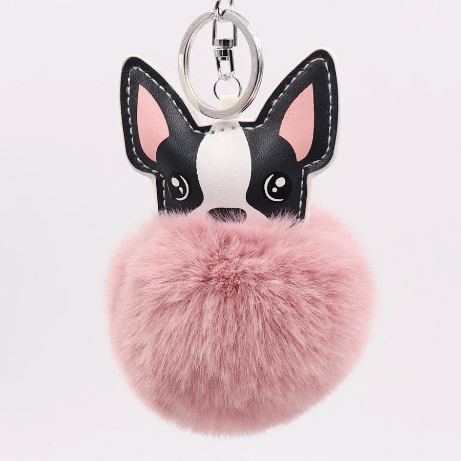 

Fluffy Rabbit Fur Ball French Bulldog Keychain Pompom Key Chain Pu Leather Animal Dog Keyring Holder Bag Charm Trinket Chaveiros