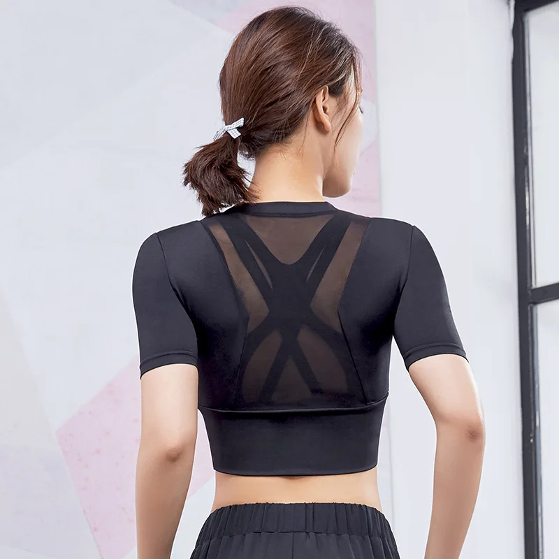 

Sexy Exposed navel Women Sport Shirt Half Sleeve Mesh Patchwork Workout Yoga Tops Fitness Gym Workout Exercises T-Shirt