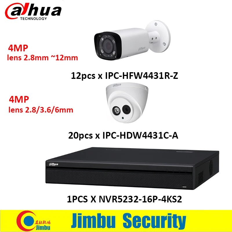 

Dahua NVR kit 32CH 4K video recorder NVR5232-16P-4KS2 & 4MP IP camera 12pieces IPC-HFW4431R-Z & 20pieces IPC-HDW4431C-A DVR Kit