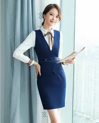 Формальные женские деловые костюмы 2 шт юбка и топ наборы Рабочая одежда дамы жилет и жилет синий