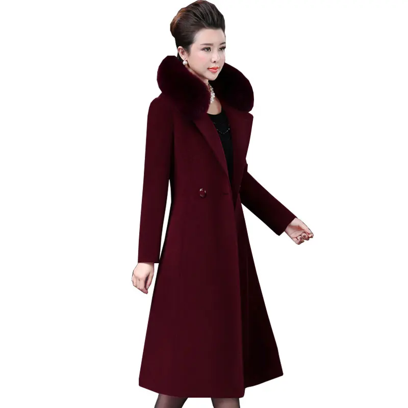 Plus size 4XL Middle aged Womens Woolen Coat Winter 2018 New Imitation Fox Fur Collar Wool Overcoat Long Slim Woolen Jacket