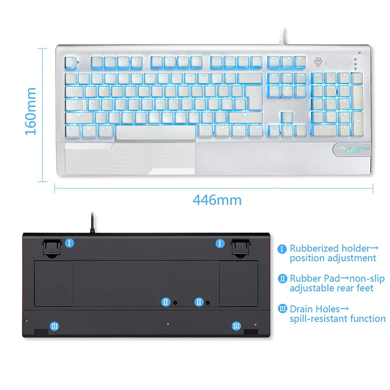 Механическая игровая клавиатура X1000 металлическая панель USB Проводная компьютерная клавиатура с подставкой для запястья, светодиодный клавиатура с подсветкой синий переключатель