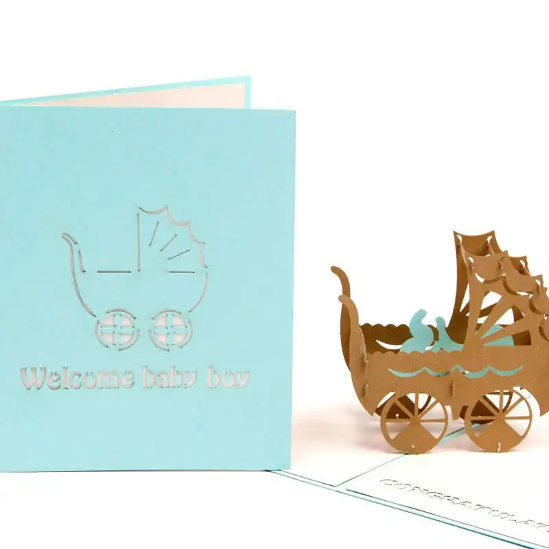 DoreenBeads 3D карты детская коляска в подарок для новорожденных, для маленьких мальчиков подарок для девочек на день рождения открытка для выражения благодарности розового и синего цвета бумажная скульптура 1 шт