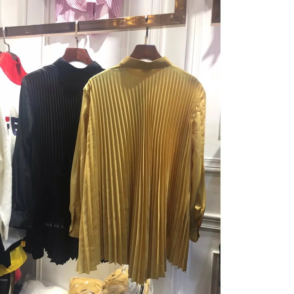 Yellow Taille Plissé Manches Chemise Blouse Dames À Automne Shirts Plus Tops Col Arc Patchwork Jaune La Mode Longues Noir Femmes 2018 8OwaFRqg