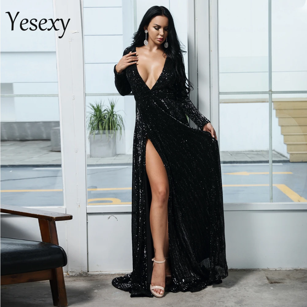 

Yesexy 2019 Women Sexy Deep V Long Sleeve Maxi Dresses High Split Autumn Elegant Female Solid Color Sequin Party Dress VR9707