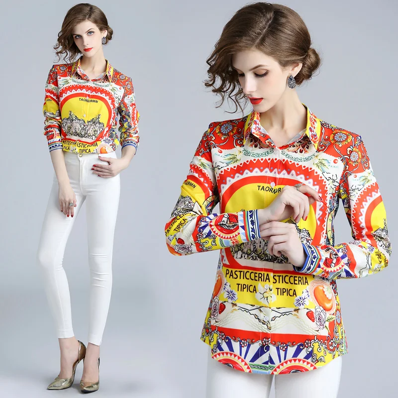 

2018 designer tops quality runway shirt women long sleeve autumn fashion print vintage blouse women tops