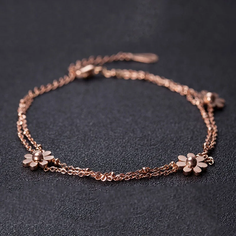 Simple Style Double Chain Anklets Gold Color Fashion Charming Sunflower Shape Anklets For Women 