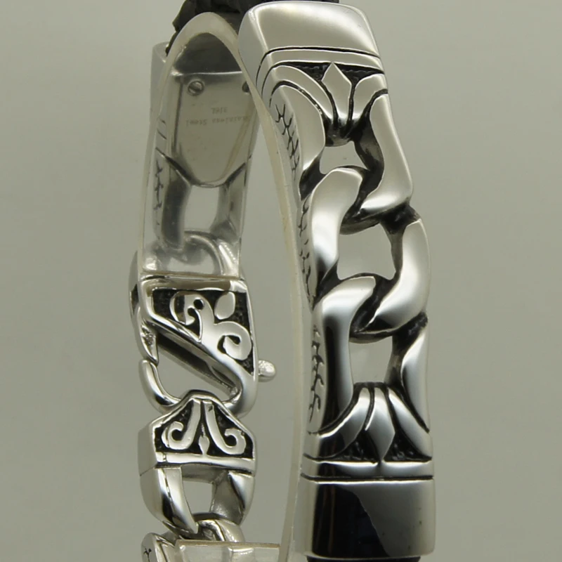 clasic design pattern genuine woven leather 316 stainless steel bangle bracelet