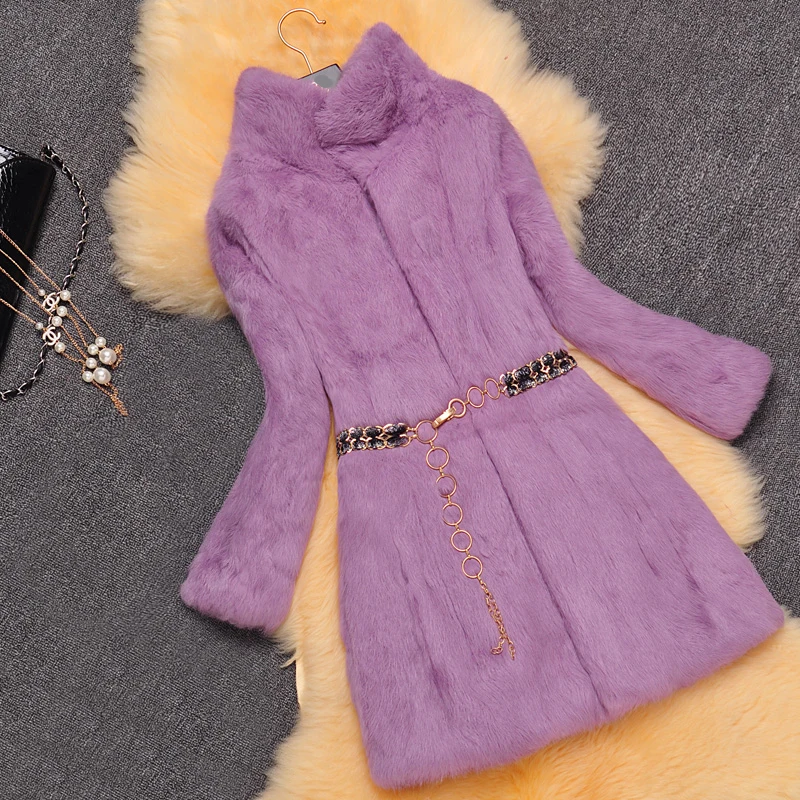 

Natural rabbit fur winter coat outerwear women long design stand collar warm full pelt real fur jacket 2019 autumn winter