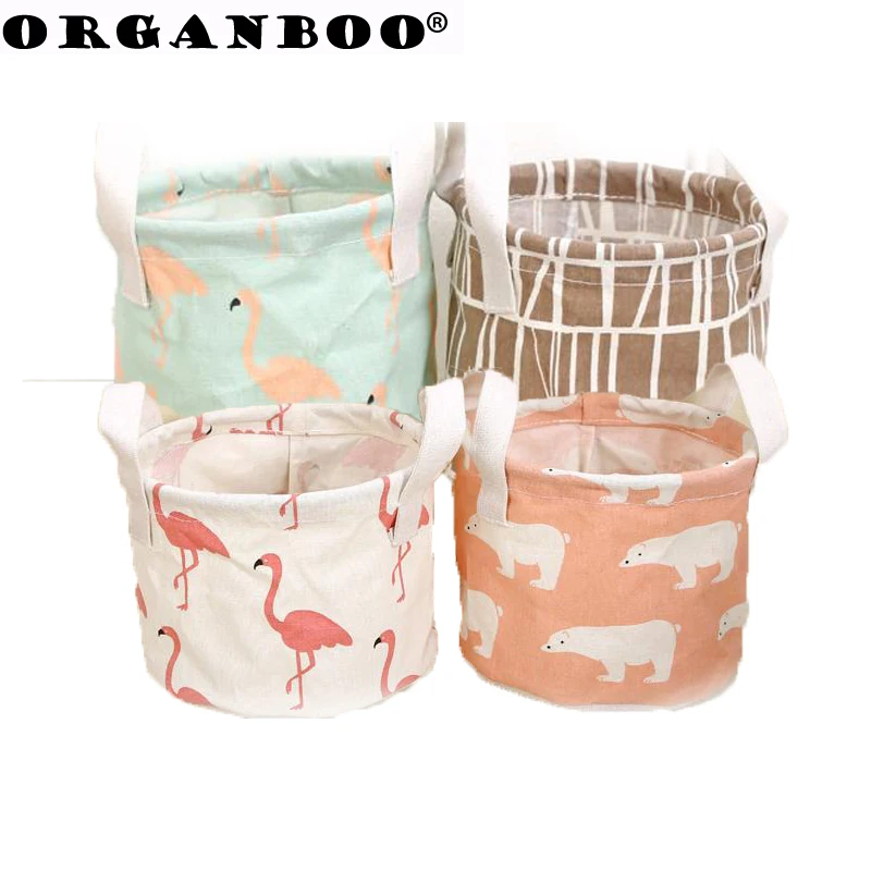 

ORGANBOO 1PC New cotton linen fabric small storage basket bathroom tabletop organizer with handle animal patten