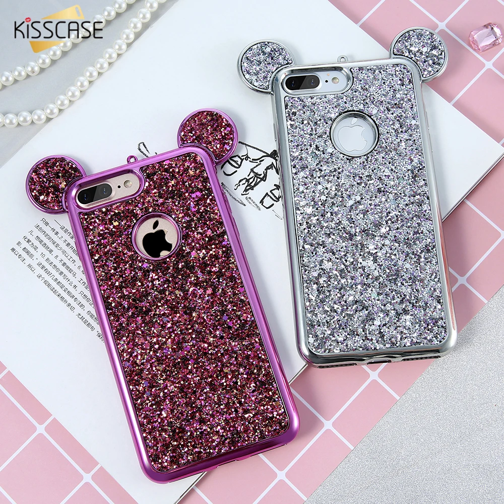 Kisscase для IPhone X 7 Plus Роскошный блеск Мышь уши крышка iPhone 6 S ТПУ мягкий чехол телефона