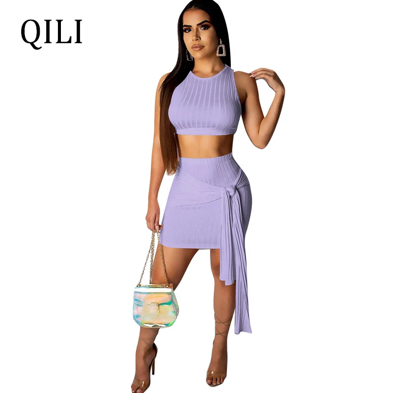 

QILI Summer Two Piece Set Women Dress O neck Tank Solid Sit Twill Stretch Dresses Short Top Sets Sexy Mini Bandage Dress