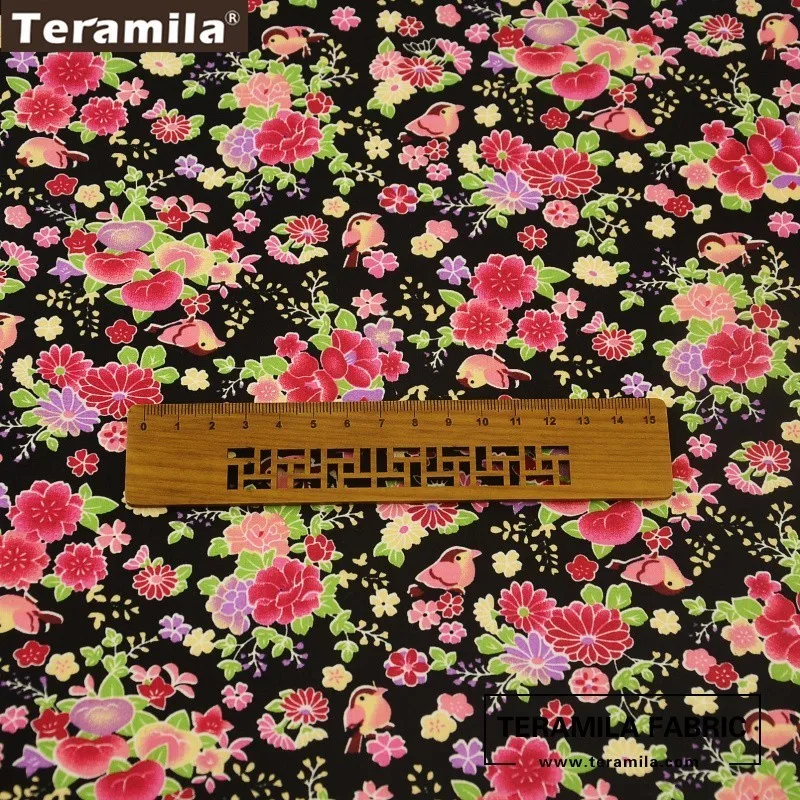 Teramila Cotton Poplin Fabric Black Printed Floral Design Fat Quarter Meter Tissue Quilting Sewing Dress Crafts Home Decoration|tissu quilting|cotton