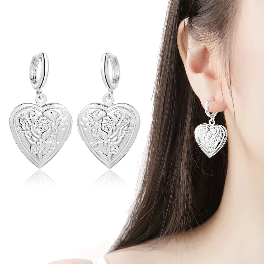 

2019 new 925 silver Big photo frame with rose flower Heart Dangle Earrings for Women Love Jewelry Silver earrings for women