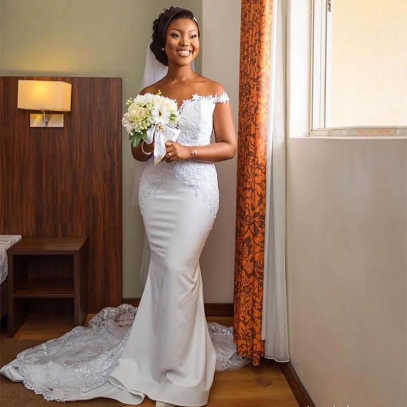 

Fascinating Off Shoulder Mermaid Wedding Dresses 2019 Sexy Backless Lace Long Sweep Train Africa Vestido de noiva Plus Size