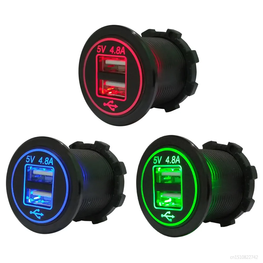 1PC Red/Blue/Green LED Waterproof Dual USB Car Charger DC 12V 24V Universal Charge Socket Power Adapter