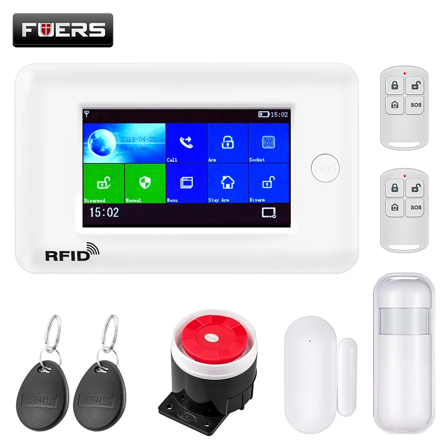 FUERS wifi GSM GPRS умная домашняя система охранной сигнализации 4,3 дюймов цветной экран приложение RFID Контроль Детектор дыма PIR детектор движения - Цвет: KIT1