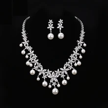 HIBRIDE White gold Color Luxury Pearl Jewelry Sets High Quality Austrian Crystal Pearl Pendant Women Bridal Jewelry Sets N-161