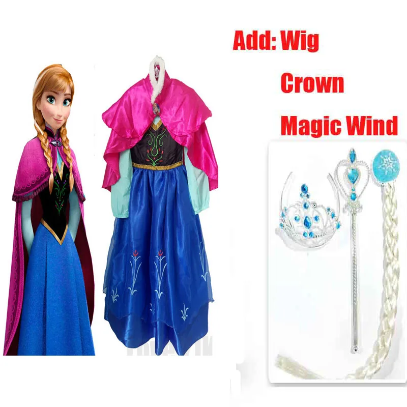

New Custom Anna Elsa Girls Princess Children Summer Kids Dress Cloth Vestidos Infants Baby Party Dresses Crown Wig Magic Set