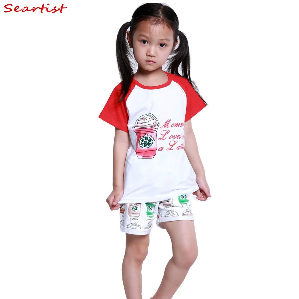 

Baby Girls Boys Clothing Set Kids Summer 2Pcs Set T Shirt+Shorts Children Cute Cotton Coffee Cups Print Suits 20C
