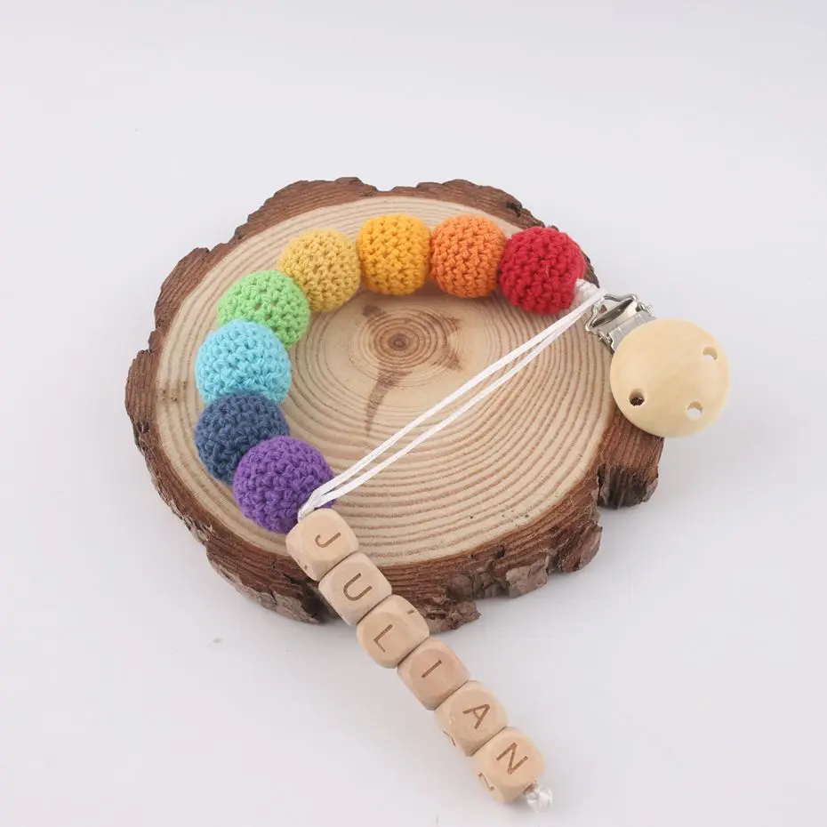 1PC Customize The Baby's Name Baby Pacifier Clips Rainbow Crochet Beads BPA Free Wood Teether Children's Jewelry Teether