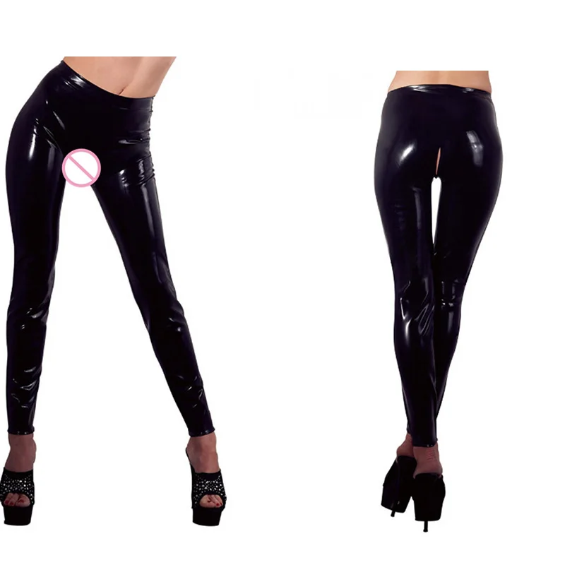 New High Quality Fetish Wear For Women 2XL Lingerie Black Wetlook Faux Leather Sexy Nightwear Open Crotch Leggings Pants