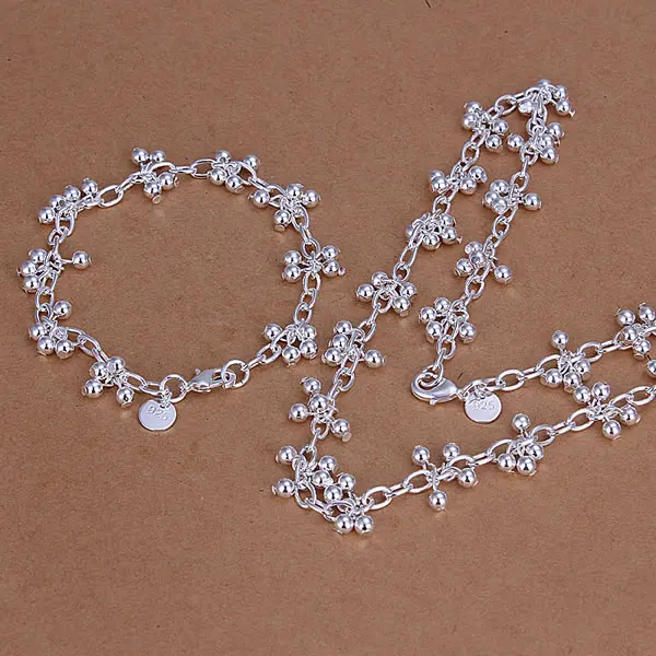 

S212 Wholesale, free shipping 925 silver jewelry set, fashion jewelry set Smooth Grape Ball Bracelet Necklace Jewelry Set