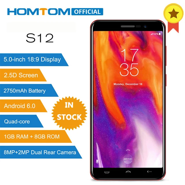

HOMTOM S12 MT6580 Quad Core Android 6.0 Smartphone 5.0 Inch 18:9 Display Dual Back Cameras 1GB RAM 8GB ROM 3G Mobile Phone