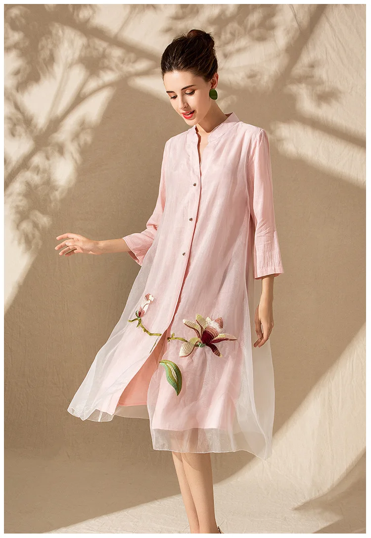 

Spring original design Chinese flower Embroidered big size organza and cotton linen two layer open stitch outerwear for women