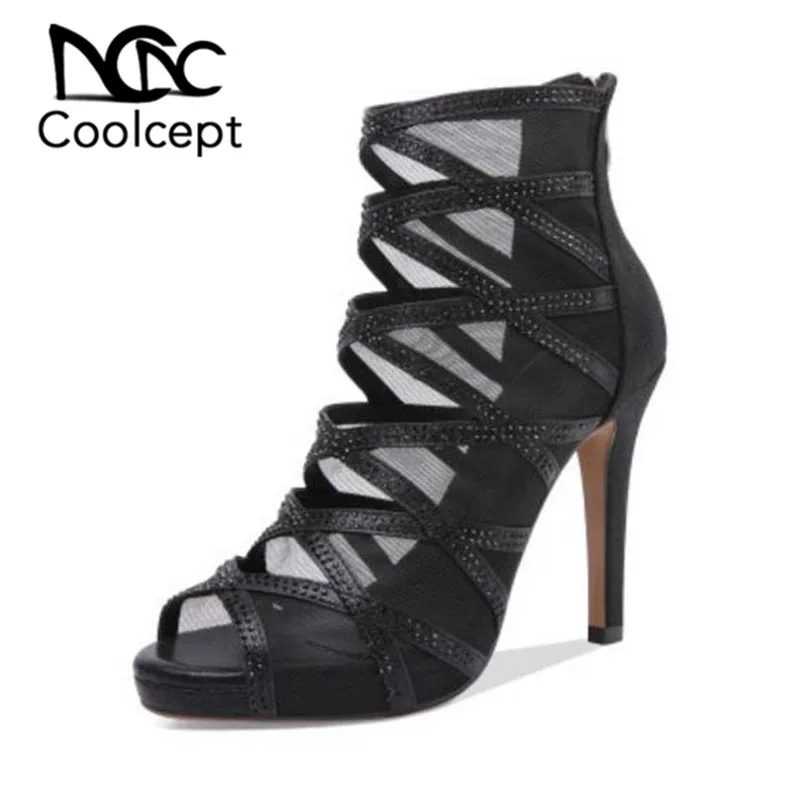 

Coolcept 2019 Fashion Women Real Leather High Heel Sandals Boots Open Toe Mesh Crystal Sandals Sexy Party Shoes Women Size 33-41