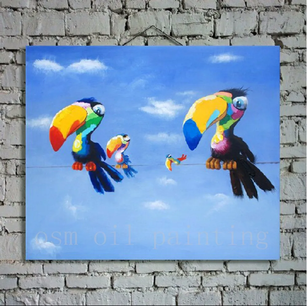 

100% Handmade Wall Art Deor Hang Picture Hand Painted Modern Abstract Animal Colourful Toco Toucan Birds Oil Painting on Canvas