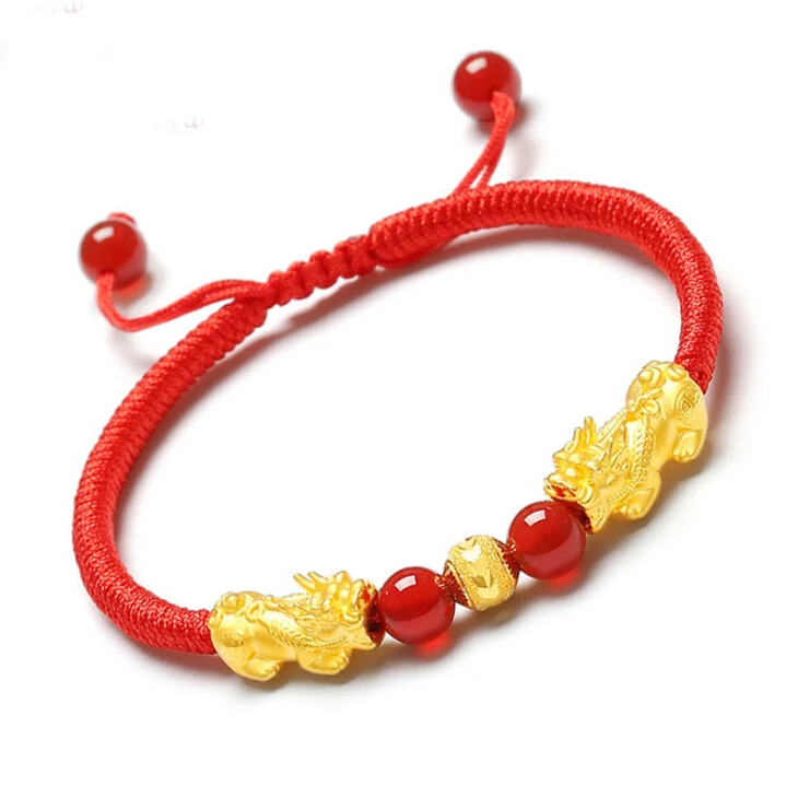 

Wholesale Hand Weave Sand Gold Bracelet 3D Hard Gold Transfer Luck Beads Female Pixiu Bracelet The Animal Year Red Cord Bracelet