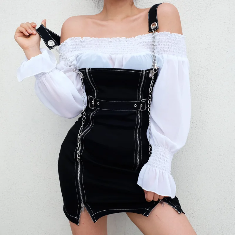

JIEZuoFang Harajuku Women Fashion Mini Dress 2018 Newest Overalls with Zipper Belt Elegant Female Empire Backless Runway Dress