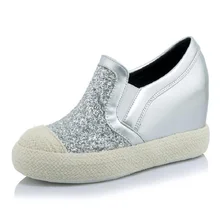 Модные Серебристые Цвет Для женщин пеньковая веревка подошве на танкетке, увеличивающая рост Лоферы для женщин для Для женщин платформа круглый носок без шнуровки на Vogue Обувь