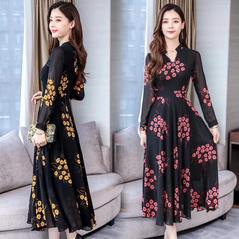 

2019 autumn female fashin large size floral printed dresses new women's Retro plus size hight waist printing long chiffon dress
