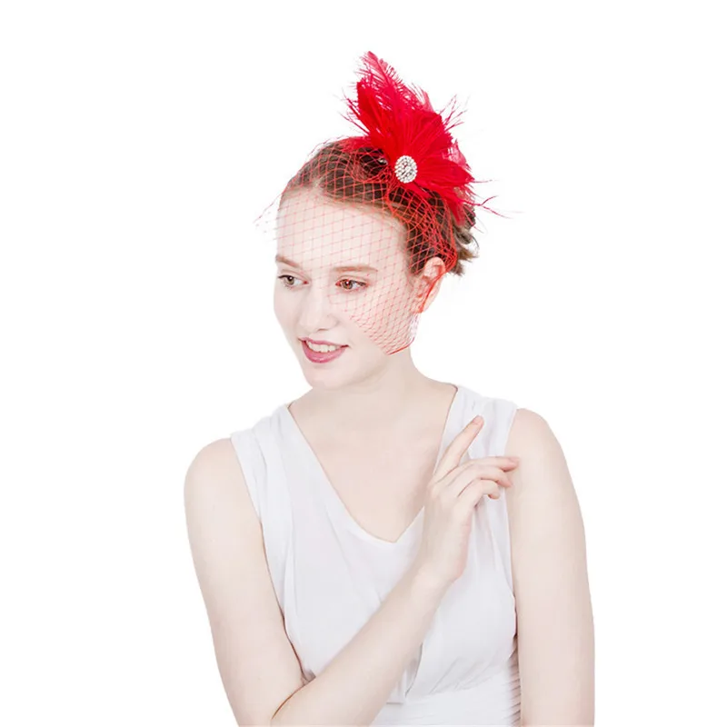 JaneVini модная Красная клетка Свадебные шляпы вуаль для невесты лицевая вуаль бисер с перьями с шпилькой женские свадебные аксессуары