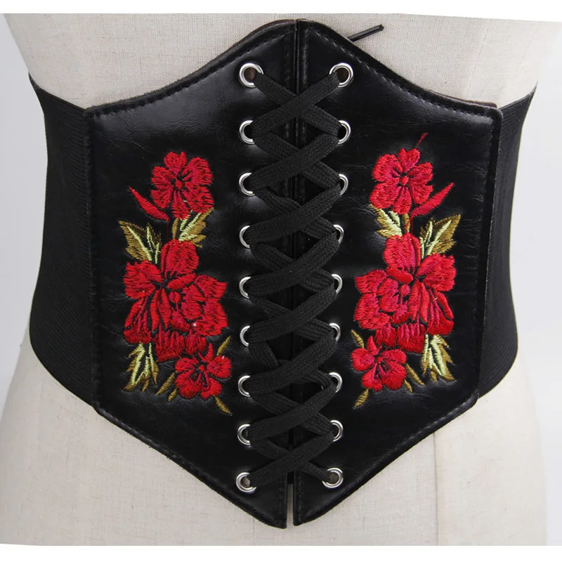 Women Ultra Wide Lace Up Embroidery Flower Corset Belt PU Leather
